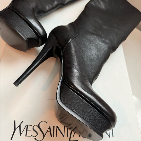 Yves Saint Laurent Tribute Platform Black Leather Boots. Below Knee - Picture 3 of 13